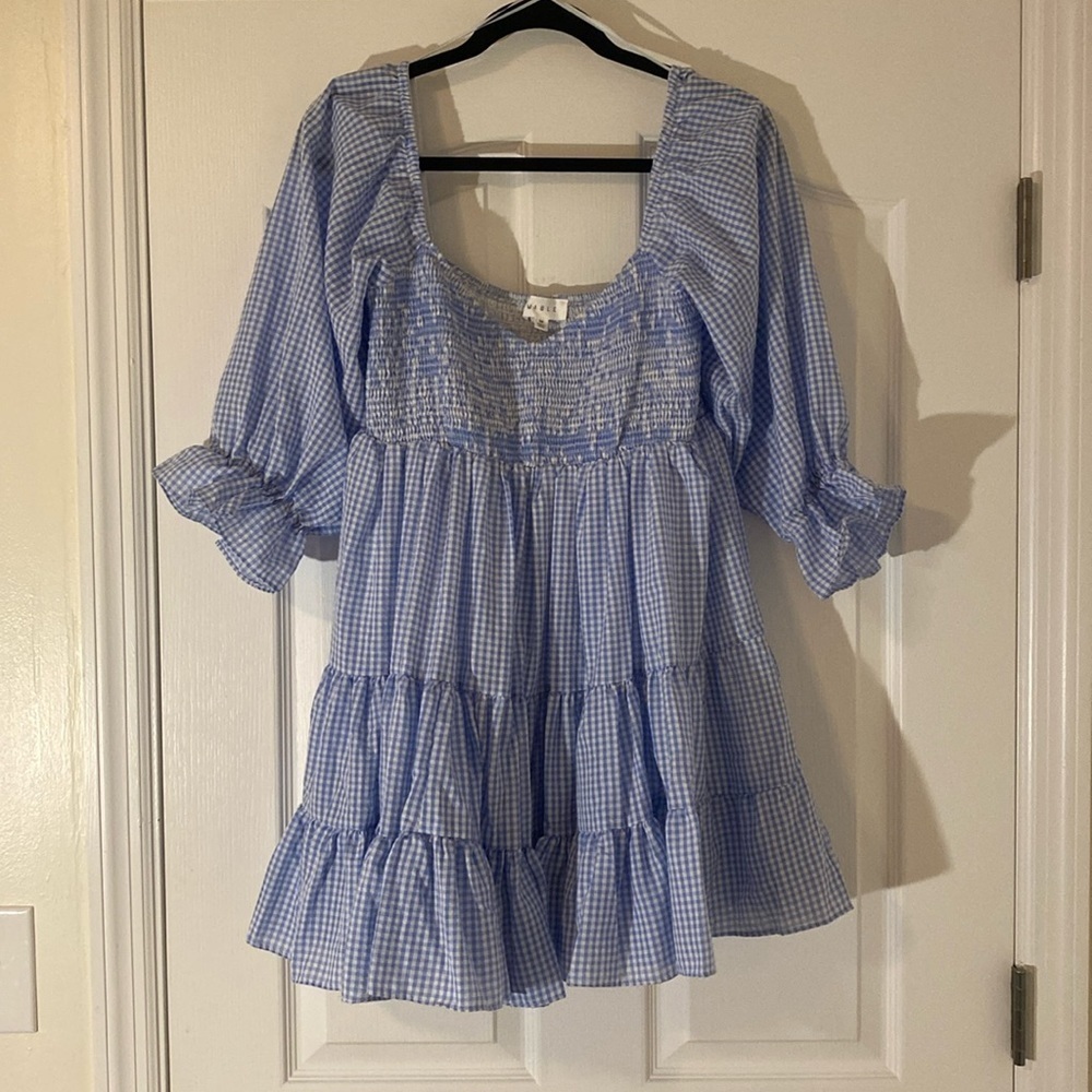 Mable Nadia Tiered Blue Gingham Puff Sleeve Mini Dress Size Medium